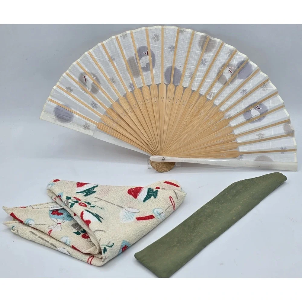 VTG Summer Themed White Bunny and Floral Folding Fan + Sheen Summer Theme Fabric